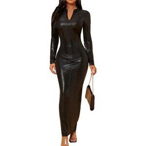 Leather Long Sleeve Maxi Bodycon Dress